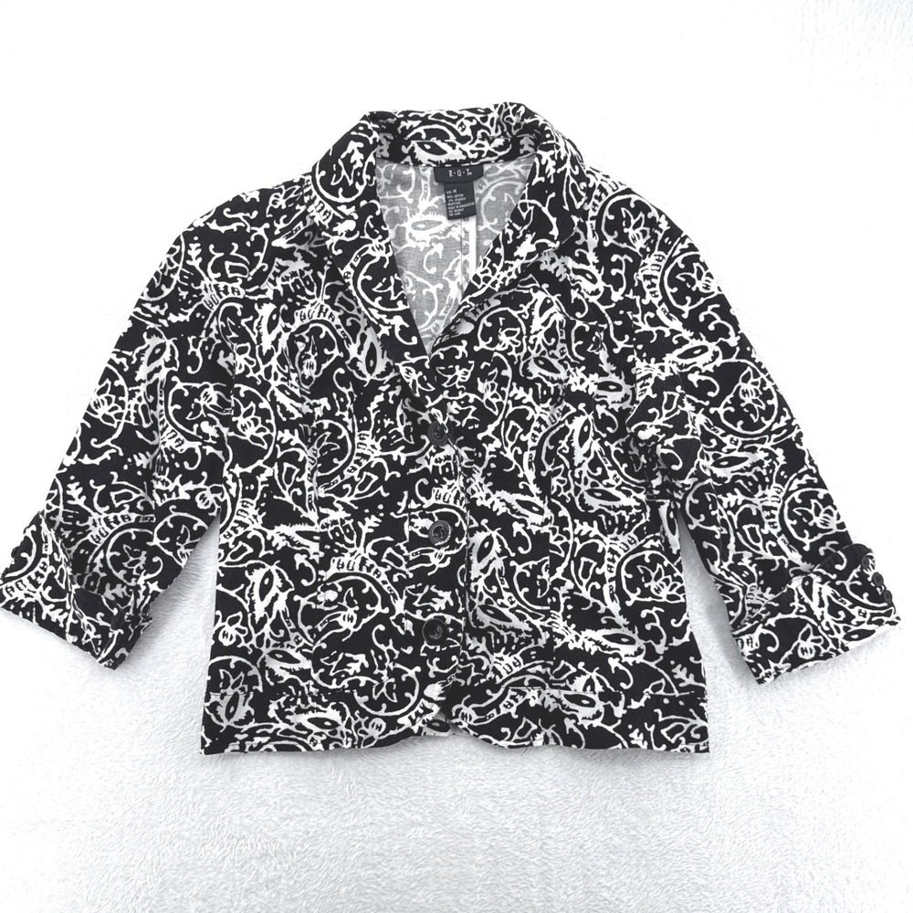 R.Q.T. Abstract Blazer Med Black White Lightweight Jacket 3/4 Sleeve Roll Cuff